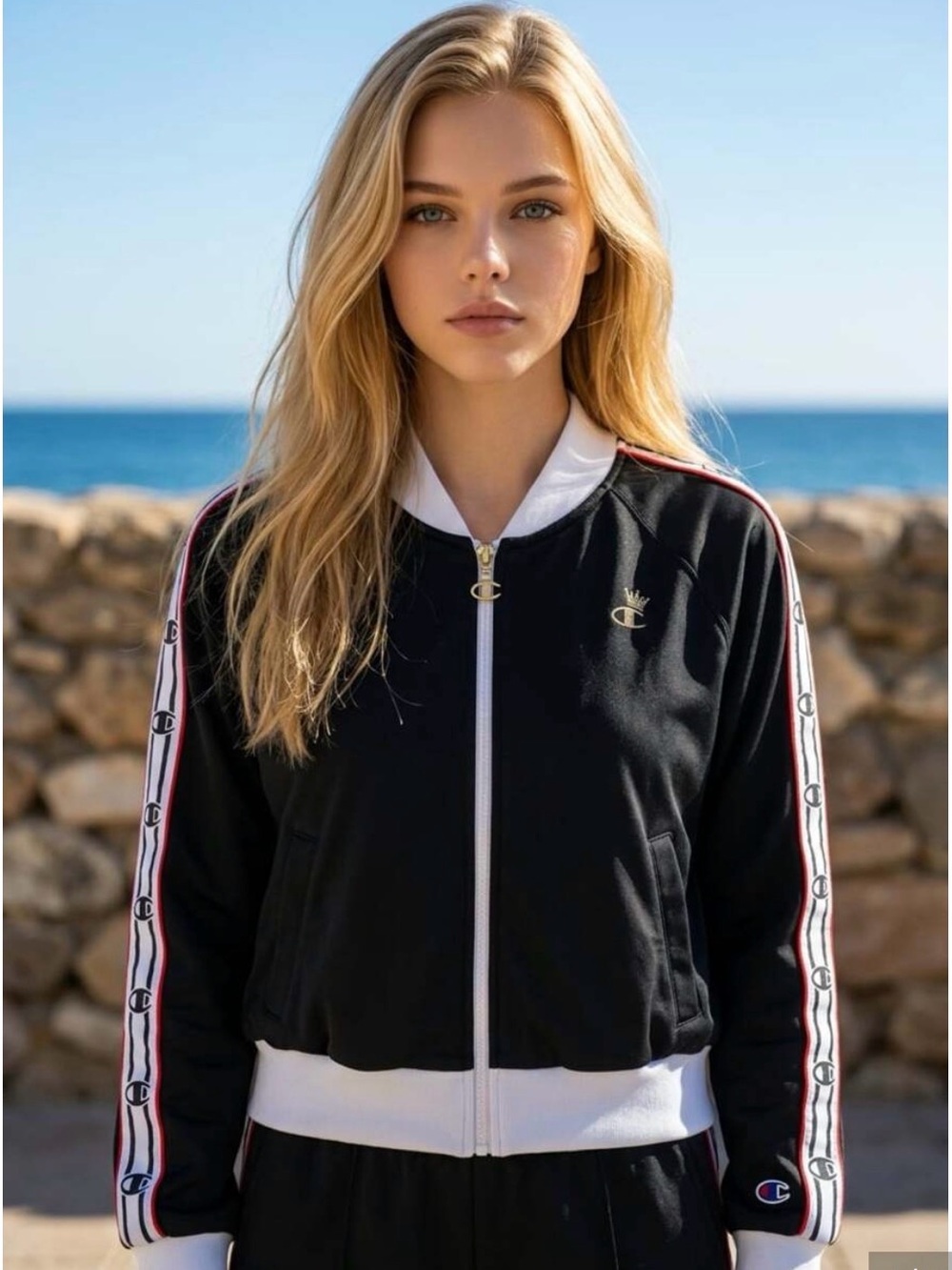 Champion Black Crop Track Jacket with White Trim and Red-Accented Sleeve Tape